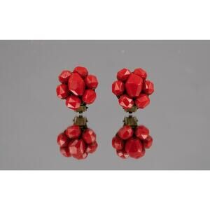 1950s Signed West Germany Red Glass Cluster Clip-On Earrings
